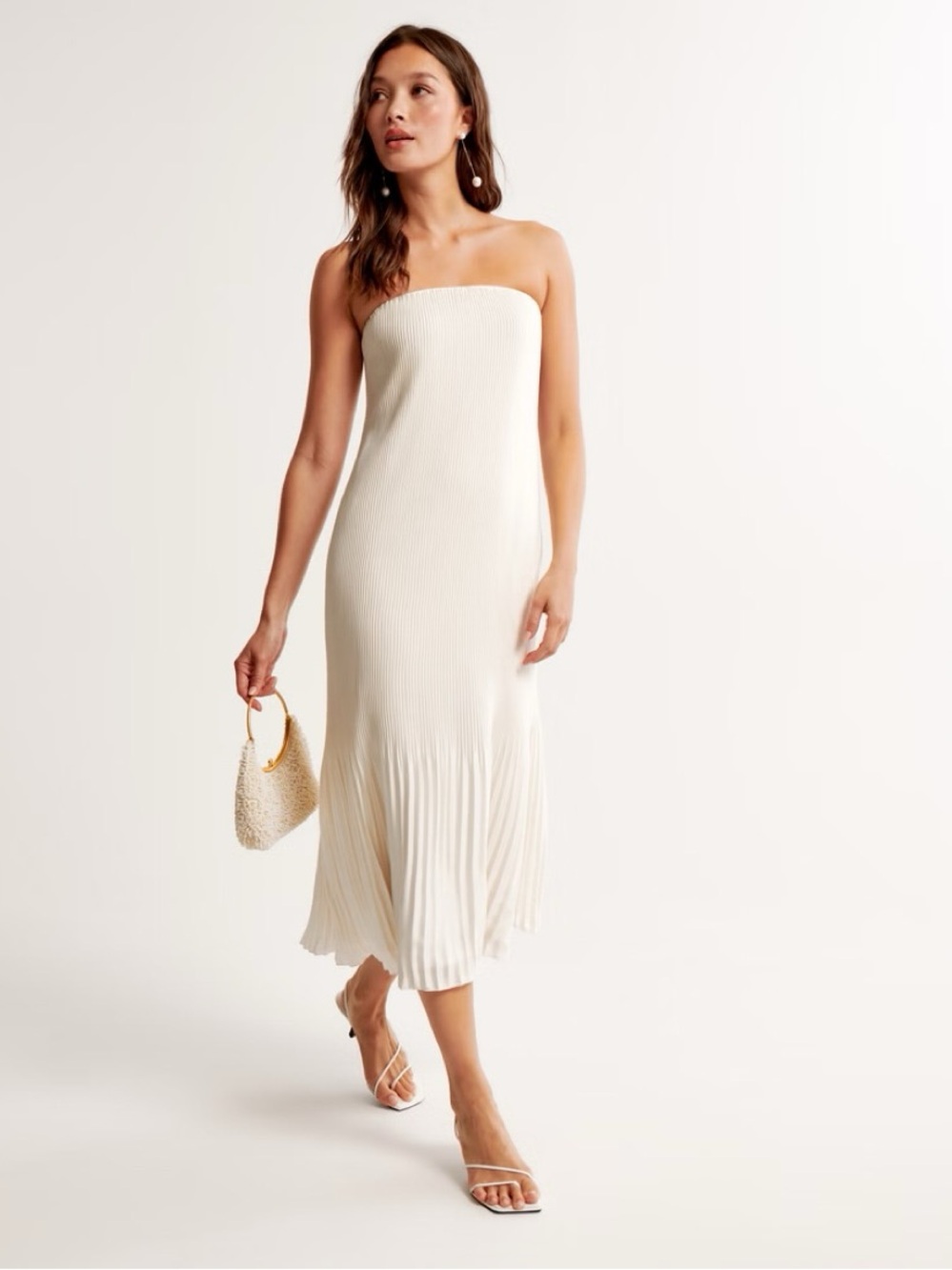 Abercrombie & Fitch Strapless Cream Ribbed Midi Dress